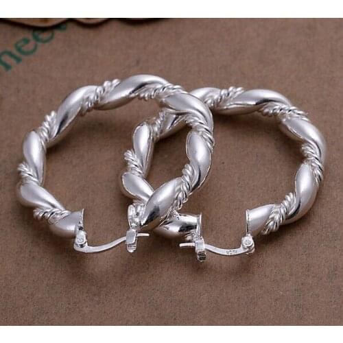 925 Silver colorDistorted Rope Round Circle Hoop Earrings Fashion Jewelry Women Lady Party Birthday Gift Diameter 3.8cm