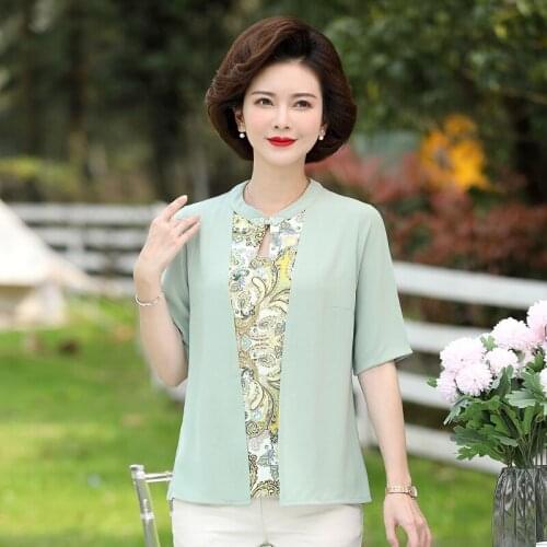 Mother Chiffon T-Shirt Middle-aged Women Clothes Summer And Autumn Half Sleeve Tee Shirts Femme Pullover 5XL Tops