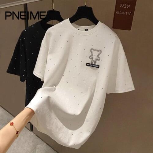Summer Womens Hot Rhinestone T-shirt Loose Bear Short Sleeve T-shirt Womens All-match Base Shirt Oversized Top Sweatshirt