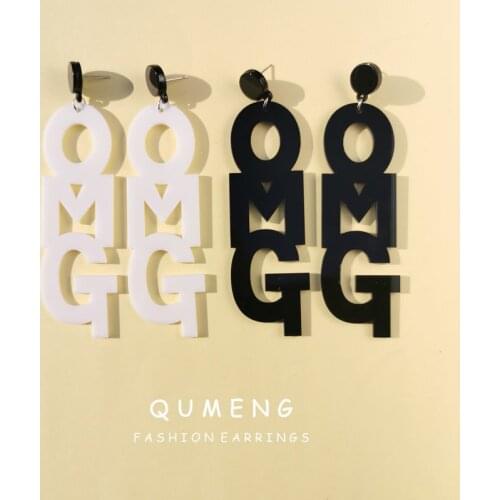 QUMENG 2020 Hip Hop Night Club Jewelry Black White Long Acrylic Letter OMG stud Earrings For Women Oversize Jewelry Accessories