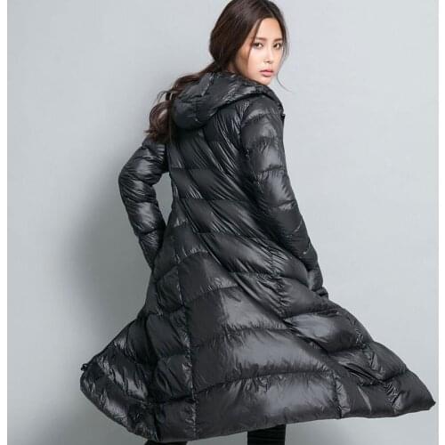 Winter White Duck Feather Basic Long Down Jacket Female 2021 New Light And Thin Slim Coat Hooded Simple Outerwear Women HJ167