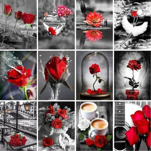 Diamond Painting Red Rose Cross Stitch Diamond Embroidery Red and Black Series Flowers Rhinestones Art Kits Wall Decoration