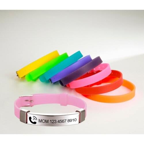 SOS Personalized ID Bracelet Kids Children Adjustable Silicone Stainless Steel Pendant Name Phone Number Custom Bracelets Gift