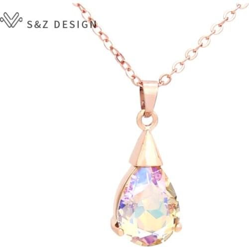 S&Z DESIGN New Fashion Water Drop Crystal Pendant necklace 585 Rose Gold Chain For Women Wedding Jewelry Simple Elegant Gift