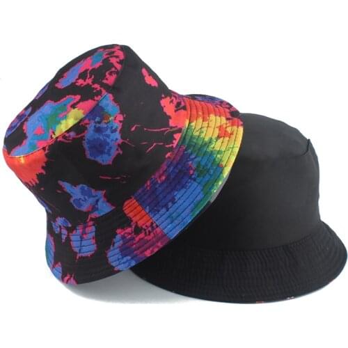 Double-sided Wear Cap Visor Rainbow Color Bucket Hat Men Women Cotton Flat Sun Hats Reversible Sun Tie Dye Fisherman Hat