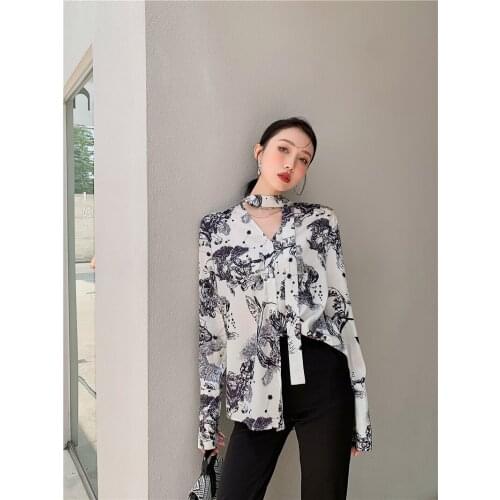 FONELY FAIRY Women Blouse Ink Print Shirts Vintage Office Ladies Tops Femme 2021 Fashion Blusa De Mujer Ins