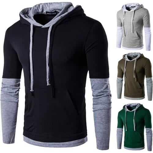 Mens Hooded T-Shirt Long Sleeve Color Matching Pullover Shirt with Drawstring Casual Patchwork Slim Type Tops