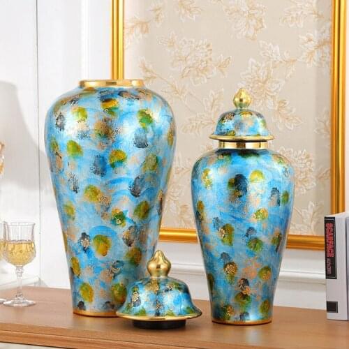 European Style Storage pot Chinese Style Blue Ceramic Ginger Jar With lid Large porcelain temple Jar