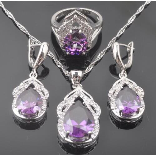 2020 New Jewelry Sets Womens Purple Crystal Silver Color Zirconia Earrings Pendant Necklace Wedding Ring Set QZ0306