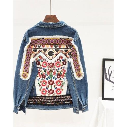 Boho Embroidery Beading Sequins Denim Jacket Coat Women Autumn Loose Korean Frayed Outwear Long Sleeve Short Jeans Jacket Female