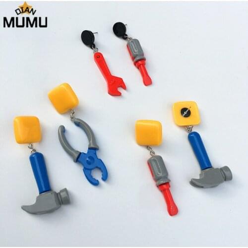 Creative contrast color design asymmetric hammer wrench screwdriver pendant earrings personality earrings beaters funny earrings