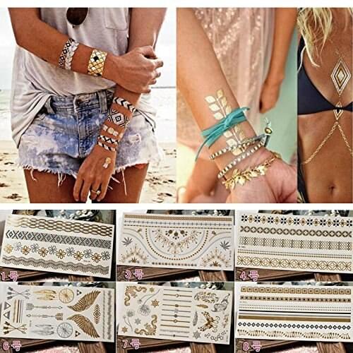 New Fashion Temporary Tattoo Stickers Hot Sale Vintage Body Art Star Feather Golden Metallic Water Transfer Flash Tatoo 1PC