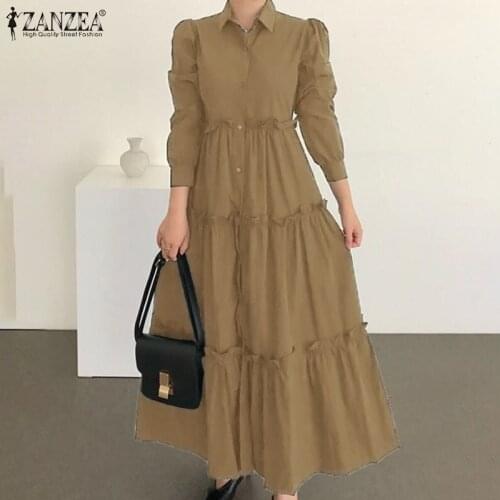 ZANZEA Ruffle Dresses for Women 2021 Ladies Maxi Vestidos Casual Solid Patchwork Robe Autumn Long Sleeve Sundress