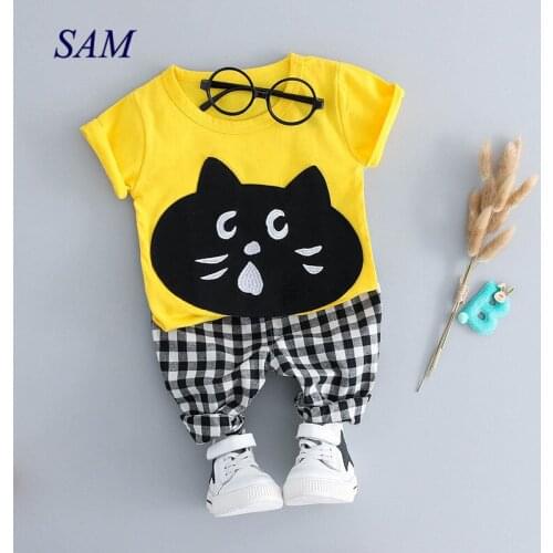 Baby boys and girls casual clothing sets cartoon print cat t shirt + plaid pants 2 pcs suit clothes for kids childrens set