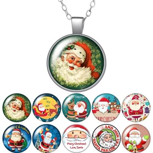 Merry Christmas Santa Claus Round Pendant Necklace 25mm Glass Cabochon Women Girl Jewelry Party Birthday Gift 50cm