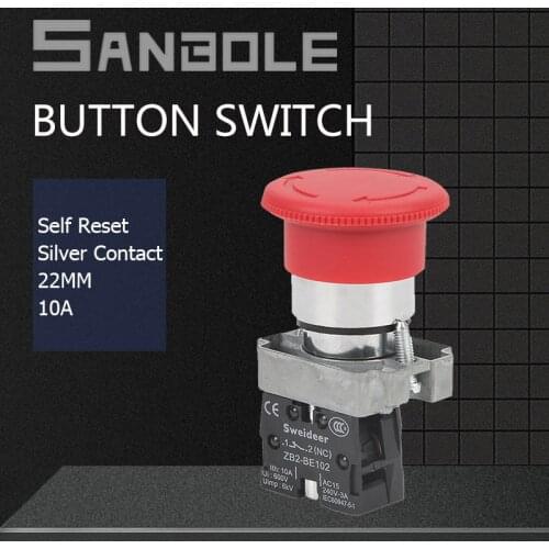 XB2 Emergency Stop 22mm Push Button Switch Lock Rotating Reset Red Mushroom Flat Head Silver Contact 10A NO NC