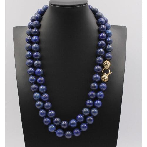 GuaiGuai Jewelry 50" Natural Gems Stone 14MM Blue Smooth Round Lapis Lazuli Necklace CZ Clasp For Women