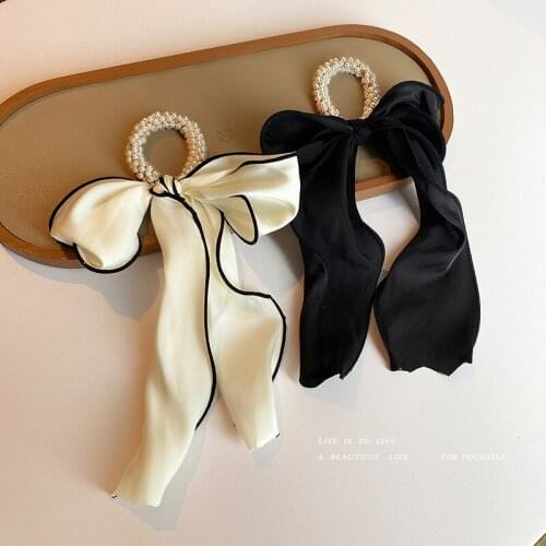 Pearl winding bowknot hair rope summer French elegant long hair ring senior super fairy beautiful girl hair accessories womens