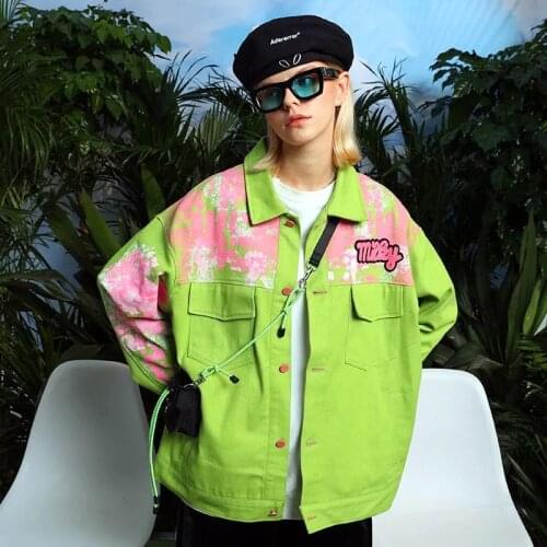 New Spring Autumn High Street Punk Rock Women Baseball Coats Oversize Bright Green Pink Floral Print Loose Geek Coat NZ15