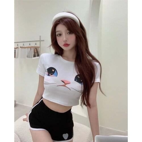 Womens Summer Short Creative Cat Print T-shirt Sexy Crop Top Women Trendy Women Clothes Fashion