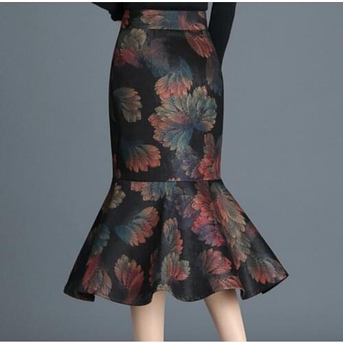 Plus size 4XL 2020 winter Warm Wool Skirts Women Fashion Print Vintage High Waist Woolen mermaid trumpet skirt