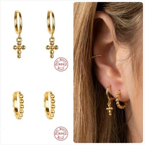 925 Silver Earrings For Women Gold Cross Earrings Girl Birthday Gift Cartilage Ear Bone Piercing Earring Female Round aretes R5