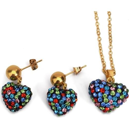 CC001-S Colorful Crystal Stone Necklace Pendant Earrings Jewlery Sets for Women Gift Fahion Love Heart
