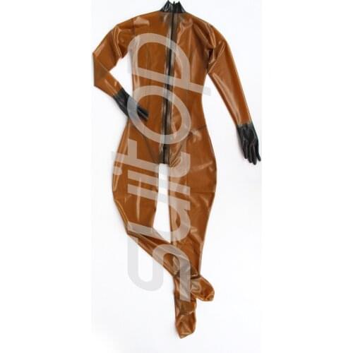 Womens rubber sexy catsuit latex bodysuits in trasparent brown with back zip to crotch with socks and gloves