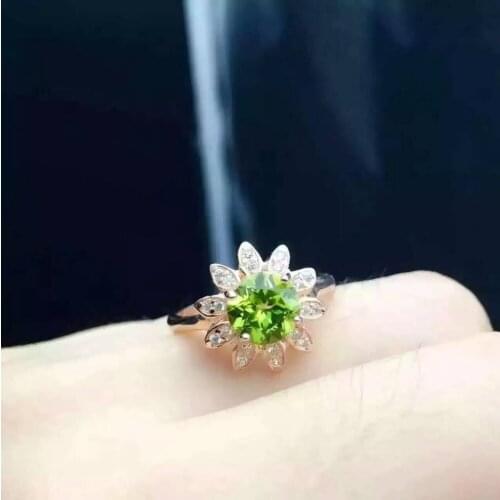 Natural green peridot gem Ring Natural olivine ring 925 sterling silver trendy Elegant round Sunflower women girl party Jewelry