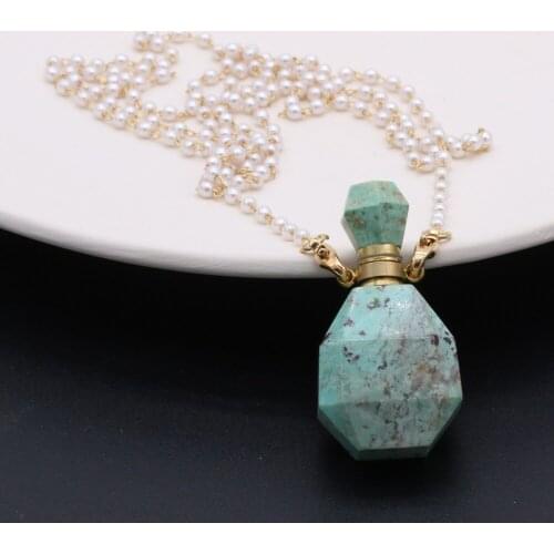 Natural Green Turquoises Pendant Necklace Fine Essential oil Diffuser Perfume Bottle Pendant Necklace Pearl Chain Women Jewerly
