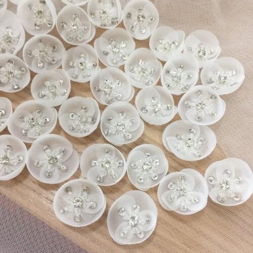 20 Pieces 3D Hand Made Rhinestone Beaded Lace Blossom Patch Motif , Bridal Veil Wedding Hair Headpiece Flower 1.8cm Diameter