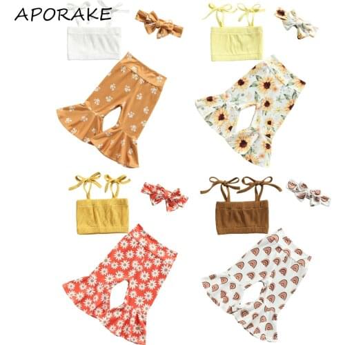 2021 0-24M Sweet Infant Girl Clothes Set Solid Color Knitted Sleeveless Crop Top+Rainbow/Sunflower/Floral Print Flare Pants 3pcs