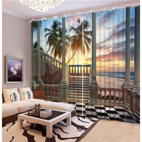 3D Curtain Decorative Curtain Balcony Stairs Sunset Sea 3D Bathroom Shower Curtain Blackout Curtain Fabric