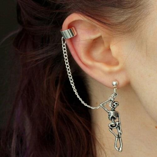 634D Asymmetric Skull Bone Dangle Ear Cuff Chain Earrings Clip-on Fashion Jewelry