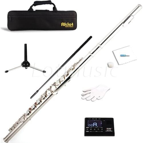 Aklot C Flute Cupronickel Nickel Plated for Student Split E with Stand Tuner Cleaning Kit