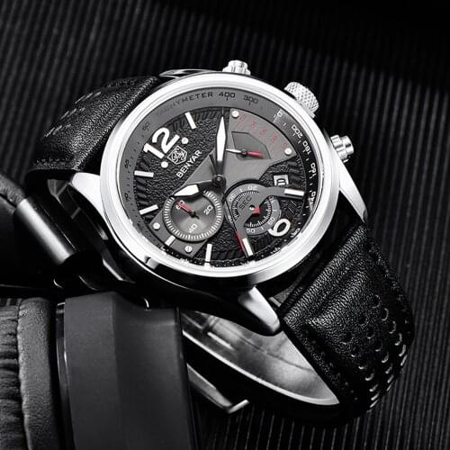 BENYAR Luxury Men Quartz Watches Stainless Steel Sports Men Watch Top Brand Leather Military Chronograph Watch for Men Reloj