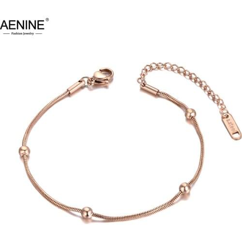 AENINE Bohemia Style Titanium Stainless Steel Beads Chain Charm Bracelets For Women Girls Trendy Rose Gold Beach Jewelry AB19103