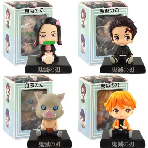 11.5cm Demon Slayer Figures Bobble Head Phone Holder Tanjirou Kamado Nezuko Zenitsu Agatsuma Inosuke Car Decorations Model Toys