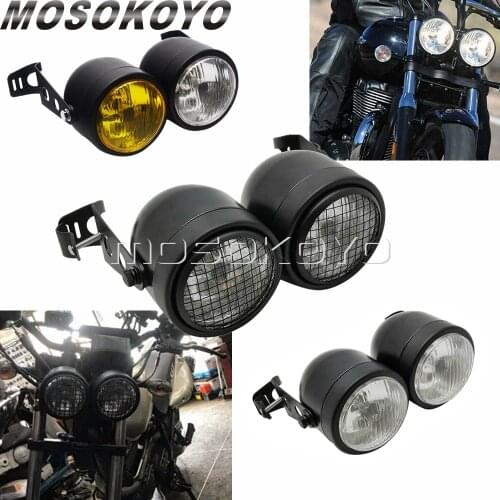 Retro 3.5" Twin Front Headlight Lamp W/ Bracket For Harley Street Fat Boy Dual Sport Dirt Bikes Streetfighter Naked Cafe Racer