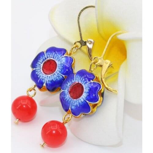 Fashion 8 style factory outlet long drop dangle earrings gold-color cloisonne jades stone pierced earrings women jewelry B2605