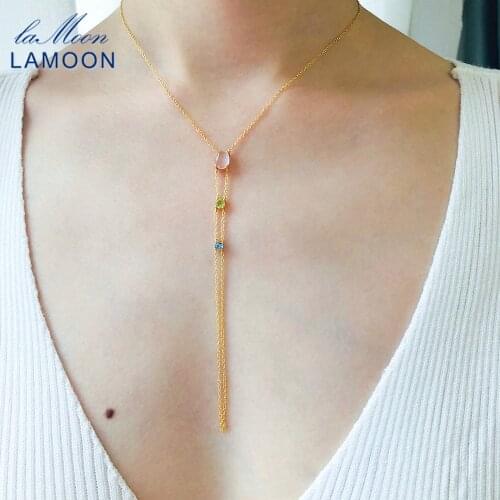 LAMOON 925 Silver Necklace For Women Natural Rose Quartz Topaz Olivine Sexy Tassel Necklace 14K Gold Plated Fine Jewelry LMNI101