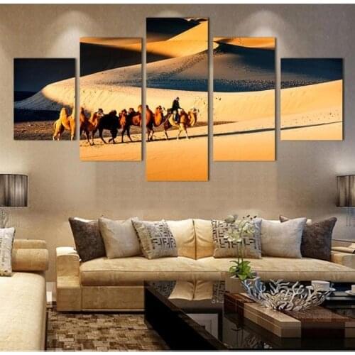 Desert camel bell scenery modern wall painting 5 pieces wall art desert landscape oil painting for living room wall decor