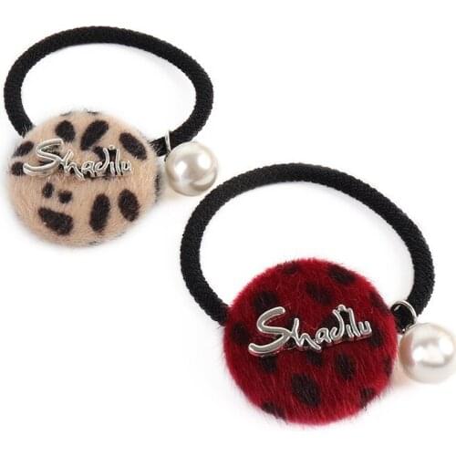 Girls Hair Accessories Winter Leopard Pompon Rubber Bands Hair Rope Imitiation Pearl Crystal Elastic Hair Bands