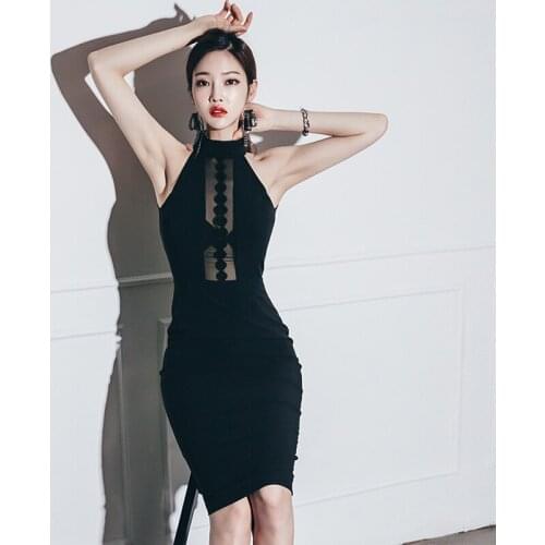 Sexy Halter Black Dress See-through Sleeveless Slim Bodycon Mid Dress Transparent Mesh Pencil Dress Vestidos Robe Femme 2019 New