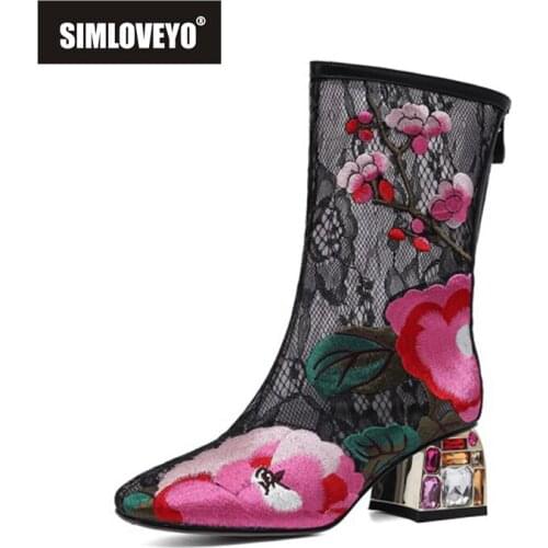 SIMLOVEYO New 2021 Women Bling Rhinestone Boots Pointed Toe Ethnic Embroidered Floral Cut Zip Buckle Lace Breathable Party A4044