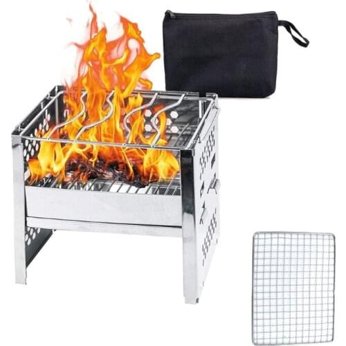 Wood Burning Camp Stove Picnic BBQ Cooker Folding Stainless Steel Grill Camping