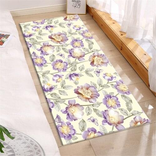 Light Purple Flower Long Floor Mat For Girls Bedroom Bedside Mat Nordic Non-slip Mat For Kitchen Large Doormat Entrance Flannel