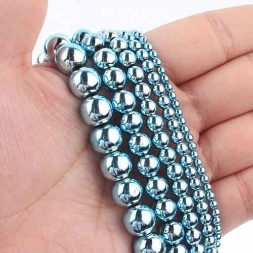 Natural Stone Light Blue Hematite Loose Spacer Beads For Jewelry DIY Making Bracelet Accessories 15'' Pick Size 3 4 6 8 10mm