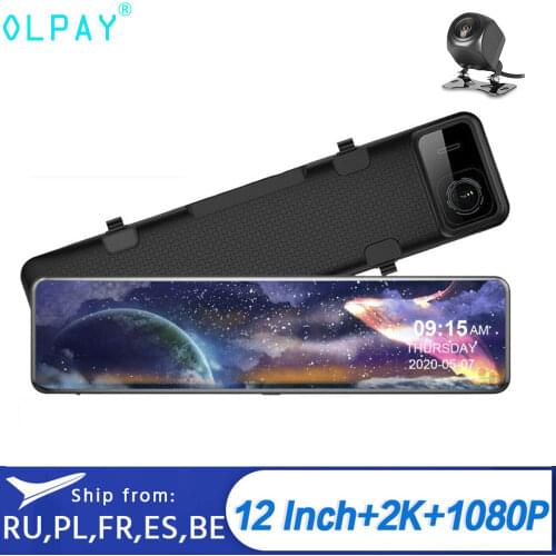 OLPAY 12inches Touch Screen 2K+1080P Car DVR stream media Dash camera Dual Lens Video Recorder Rearview mirror 1080p Rear camera