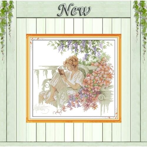 Woman read a book in garden painting counted print on cloth DIY 14CT 11CT DMC Cross Stitch kit Needlework Set Drawing Embroidery